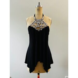 Y2K Boho Festival Black Halter Top Rhinestone Crystal Neck Handkerchief Hem  XS
